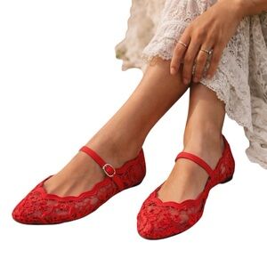 Red Lace Mary Jane Flats Romantic Ballet Flats Sheer Mesh Floral Boho Coquette